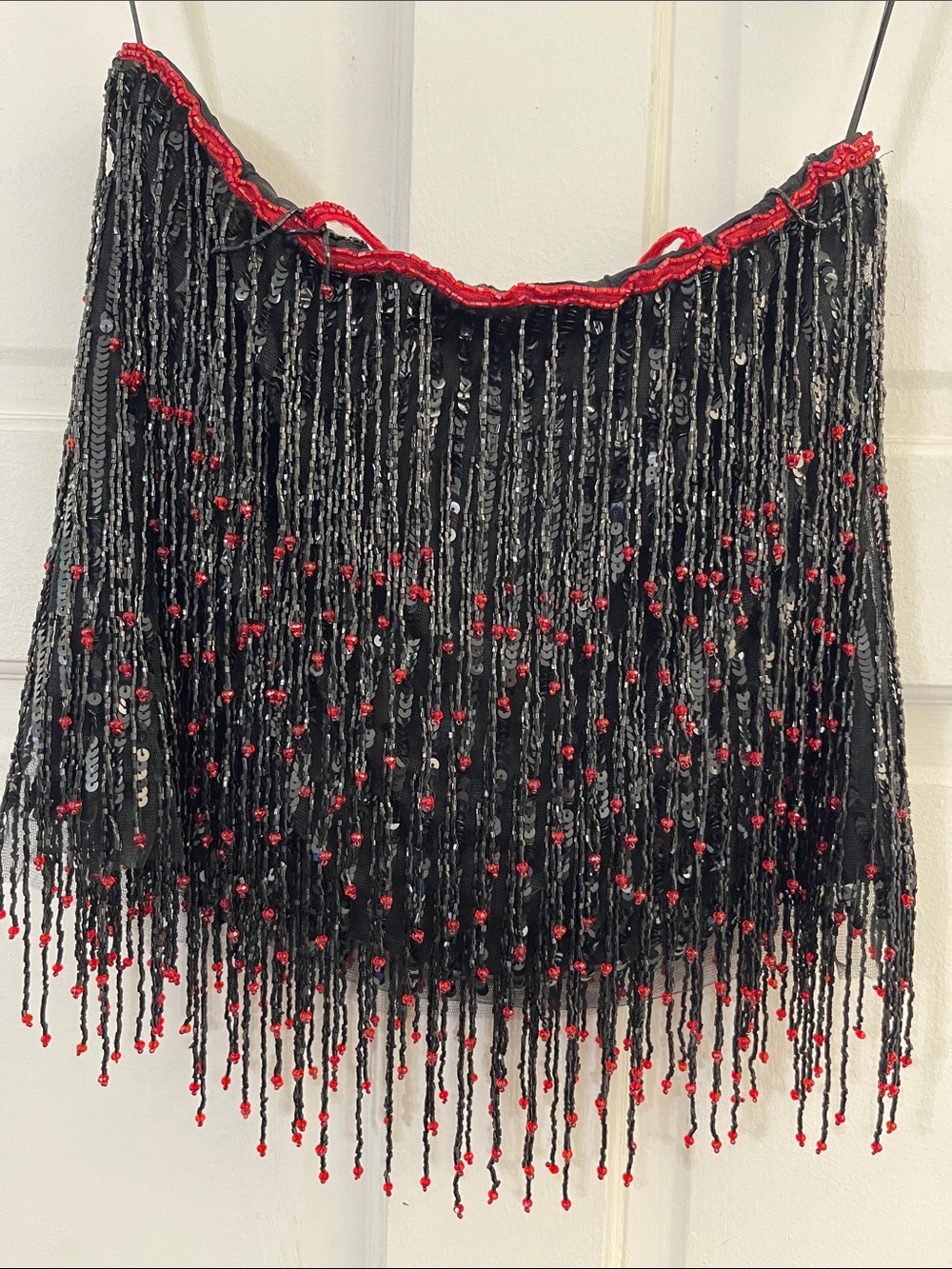 Black Sequin Fringe Mini Skirt with Red Beaded Trim